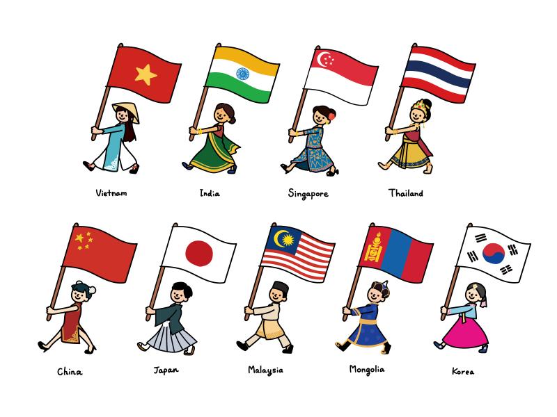 アジア周辺の国旗を持った民族衣装の人たち