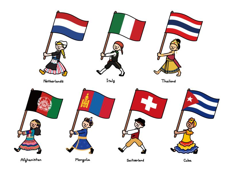 国旗を持ったヨーロッパ系の民族衣装の人たち